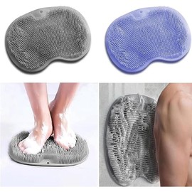 2 Pack Shower Back & Foot Scrubber,Wall Mounted Back Scrubber Silicone Bath Massage Cushion Brush with Suction Cups,Bathroom Wash Foot Mat Exfoliating Dead Skin Foot Brush (L-Pink Blue) - Size: L-Blue Grey