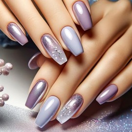 Cute Medium Coffin Press on Nails 24Pcs False Fake Nails Simple with Purple Flower Design French Tip Full Cover Thick Glossy Acrylic Glue on Nails Stick on Nails for Women W1858