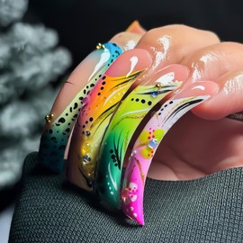 RUOKEXIN Curved Nail Tips Press on Nails French Tip Fake Nails Extra Curve Long Square False Nails with Rhinestones Designs Sparkly Artificial Nails Cute Stick on Nails for Women 20Pcs