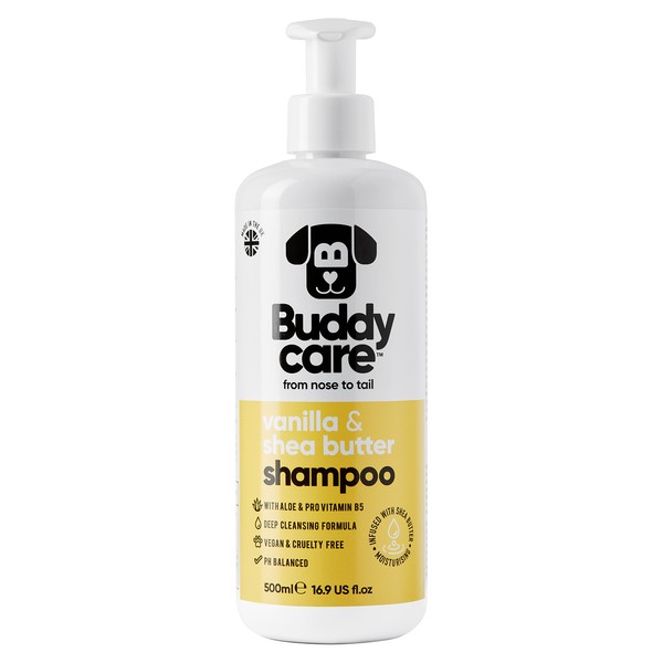 Buddycare Vanilla & Shea Butter Dog Shampoo - Moisturising Shampoo for Dogs - Fresh Scented - With Aloe Vera and Pro-Vitamin B5 (500 ml)