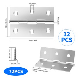 YiJiuBa 12 Stück Scharniere Klappbar 75 × 50mm, Scharnier Edelstahl Scharniere Klappbar Silber Schranktür Scharnier, Scharniere mit 72 Stück Schrauben für Holztüren Fenster