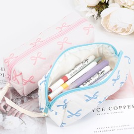 Cute Pencil Case for Girls–Quilted Cotton Pen Pouch with Bow Printed Design,Portable Aesthetic Pencil Cases Small Cosmetic Bag Crayon Box for Stationery,Makeup & Travel (Light Blue)