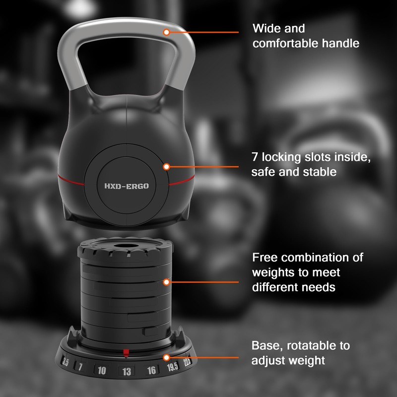 HXD-ERGO Adjustable Kettlebell Weight Set-Quickly Adjusts 7 Weights,Ergonomic kettlebell sets