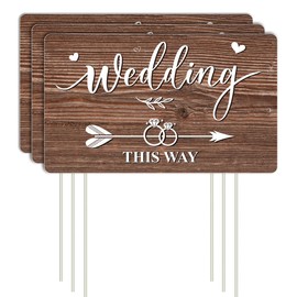 Lesnala 3Pcs Double Sided Wedding this Way Sign Corrugated Plastic Direction Arrow Marks with Stakes for Indoor Outdoor Ceremony Party Decorations 14.2 X 8.5inch