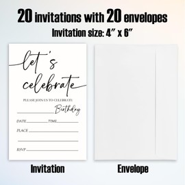 IKFRGN Let's Celebrate Birthday Party Invitations-Minimalism White Theme Party Invites For Boys & Girls-Double-Sided Invitation Cards with Envelopes-Birthday Party Celebration Favors & Supplies-A08