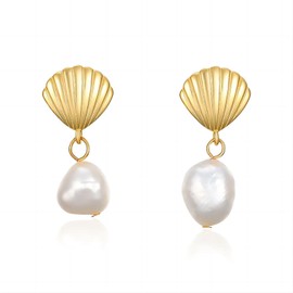 Forrylin S925 Sterling SilverSeashell Pearl Drop Earrings for Women, Sea Shell Earrings, Pearl Seashell Dangle Earrings Hypoallergenic