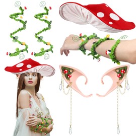 Chicingyou 3pcs Renaissance Mushroom Accessories Set Red Medieval Mushroom Hat Elf Ears Fairy Arm Wrap Woodland Fairy Costume