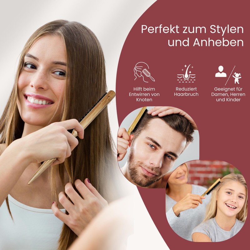 BICTIVE® Set von 2 Wildschweinborsten Bürsten mit Toupierkamm. Naturhaarbürste, Sleek