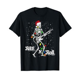 Santa Rocker Skeleton Rock N Roll Guitar Guitar Christmas T-Shirt, black
