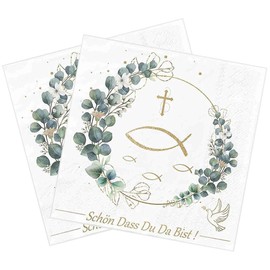 40 Stück Servietten Taufe - Servietten Schön Dass Du Da Bist Deko Taufe Mädchen/Junge, Servietten Eukalyptus Grün für Kommunion