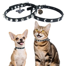 2 Pack Leather Cat Collar Breakaway with Bells and Pendant Adjustable Spiked Kitten Collar for Boy Cats Gothic Studded Cat Collar Moon and Star Black 8”-12”