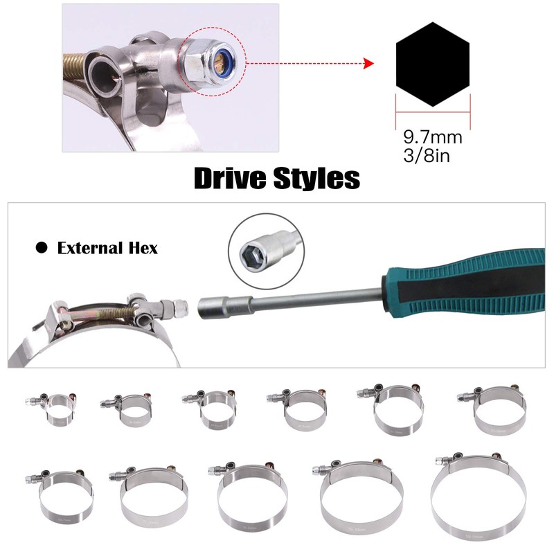 Glarks 8Pcs 32-37mm Stainless Steel T-Bolt Hose Clamps Turbo Intake