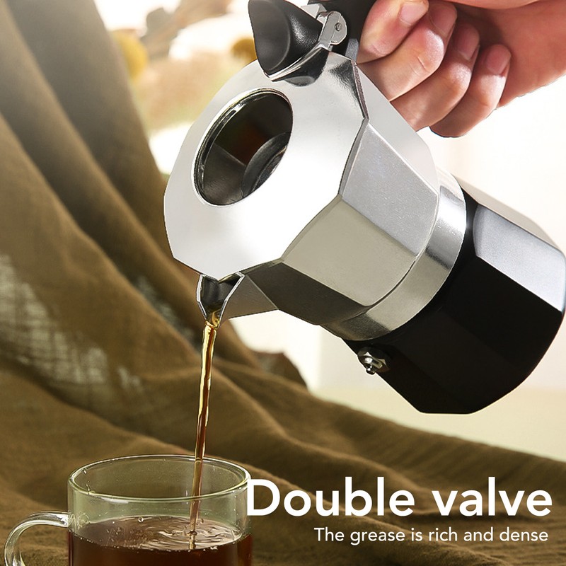 Moka Pot with Double Valve 150ML octagonal Aluminum Moka Stovetop