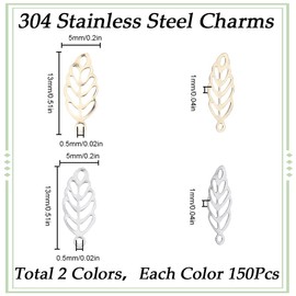 SUNNYCLUE 1 Box 300Pcs 2 Colors Stainless Steel Leaf Charm Small Tree Leaf Charms Bulk Silver Hollow Metal Leaves Mini Fall Charm for Jewellery Making Charms Supplies DIY Necklace Bracelet Earring