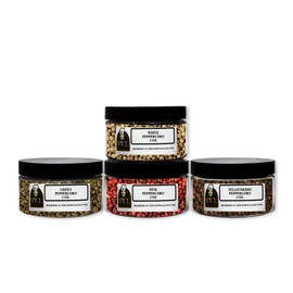 Peppercorn Assortment Set - Contains: 4 Assorted Plastic Jars (1 each of: Pink Peppercorns, White Peppercorns, Green Peppercorns, and Tellicherry Peppercorns)