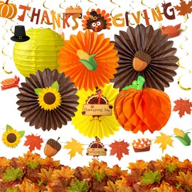 Mauts Fall Thanksgiving Party Decorations -Autumn Hanging Maple Leaves Pumpkins Sunflower Swirl Paper Fans Paper Pompoms Lanterns Garlands Fall Turkey Banner