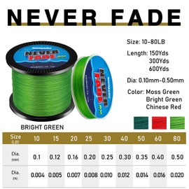 Rikimaru Never Fade 8X Braided Fishing Line 10-80LB 150-600Yds (300yds-Bright Green, 10LB-0.10mm(8 Strands))