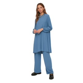 Trendyol Women Plain Elastic Waist Detailed Woven Tunic Modest Top-Bottom Sets Blue