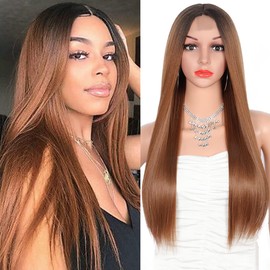 26" Long Straight Synthetic Edge Lace Front Wig for Woman ombre auburn brown Middle Parted with Dark Roots Natural Looking Women' s Frontal Lace Hair Wigs