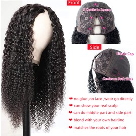 V Part Wig Human Hair Upgrade U Part Wig Human Hair for Women 150% Density Curly V Part Wig Kinky Curly Thin Part V Shape Wig No Glue No Sew Clip In Half Wig Natural Black Color 18 Inch