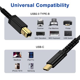 USB C to Printer Cord, USB 2.0 Type A Male to B Male Cable Scanner Cord High Speed Midi Cable 10FT Compatible with DAC,MIDI Keyboard,DJ Controller,Yamaha Casio Digital Piano, Dell, Epson, Xerox