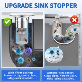 Bathroom Sink Drain Strainer, Pop-Up Bathroom Sink Stopper with Removable Stainless Steel Hair Catcher Basket, Universal Fit for US Bathroom Sinks, Bathtubs, Showers & Floor Drains (3 Pack)