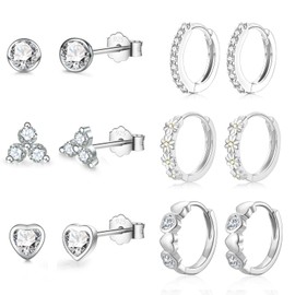 6 Pairs Sterling Silver Stud Earrings Set for Multiple Piercing Small Cartilage Hoop Earring Tiny Trio Cubic Zirconia Stud Daisy Hoop Earrings Unisex Sleeper Huggie Hoop for Women Men Girls Kids