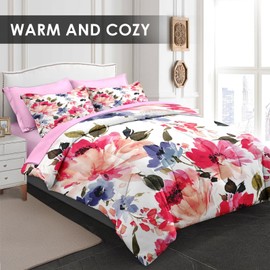 Pamnest Comforter Set Queen Size, Flower Floral Leaf 7 Pcs Bedding for Kids and Adults, Painting Summer Spring Bed Sheet Sets with Fitted Sheet 2 Pillowcases & 2 Shams for Bedroom Bed Decor