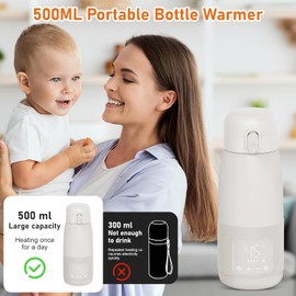 Tragbarer Flaschenwärmer, 500ml Flaschenwärmer Baby Unterwegs Präzise Temperaturkontrolle 37 Bis 55 Grad Einstellbar für Reisen Nachtfütterung (Weiß)