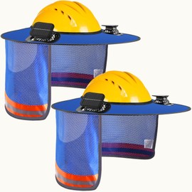 2 Set Hard Hat Sun Shade with Dual Solar Fan, Detachable Full Brim Visor High Visibility Mesh Sun Shield with Reflective Strip for Summer Construction Protection Accessories Mowing Outdoor Work Blue