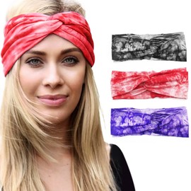 LumiSyne 3pcs Tie Dye Headbands Women Boho Twist Bow Elastic Turban Cotton Sweat Band Hair Bands Cycling Yoga Workout Makeup