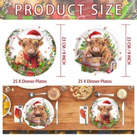 50Pcs Christmas Highland Cow Party Supplies 9" Disposable Highland Cow Plates Heavy Duty Funny Cute Animals Rustic Wooden Board Pattern Plates for Christmas Xmas Holiday Winter Outdoor Farmhouse Decor
