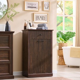 IFBUY Modern Tilt Out Laundry Hamper Cabinet, 10 Gallon Fluted Trash Can Cabinet with Drawer, Wooden Hidden Garbage Can Cabinet with Laundry Basket, Free Standing for Bathroom and Kitchen, Brown