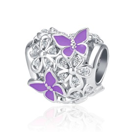 MiWangLing Purple Butterfly Daisy Flower Heart Charm Clear CZ Bead for European Bracelet