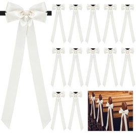 Mindsoft 12 Pcs Ivory Bows Wedding Aisle Decorations Satin Bows for Chairs Decorative with Nylon Self-Adhesive Tape for Pew Back Elegant Ceremony Ribbons for Wedding Background Aisle Decor