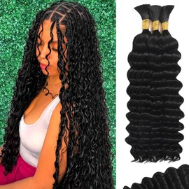 MUXFILLA 12 Inch Human Braiding Hair for Boho Braids 100g Deep Wave Curly Boho Hair for Braiding Knotless 3 Bundles/Pack Natural Black