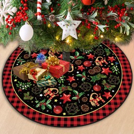 Yule Tree Skirt 48 Inch Pagan Christmas Tree Collar Scandinavian Straw Goat Julbock Mistletoe New Year Winter Xmas Tree Decor Christmas Decorations for Home Party