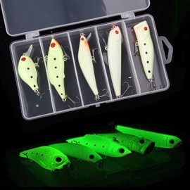 Night Glow Fishing Lure Bait Kit - 5pcs Noctilucent Luminous VIB Popper Crank Minnow Pencil Hard Bait Night Glow Artificial Lures Sea Fishing Hard Baits with Treble Hook for Bass Trout