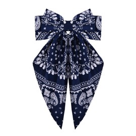 Ethnic Boho Hair Bow Barrettes Large Navy Blue Bandana Satin Bow Hair Clips with Long Tail Ribbon Ponytail Holders Rural Vintage Hair Accessories Headwear for Women