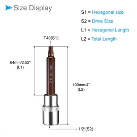 CoCud Torx Bit Socket, Metric T40 Bit 1/2" Drive 4" Long, S2 Alloy Steel Heat Treated CR-V Socket - (Applications: for Fastener Application)
