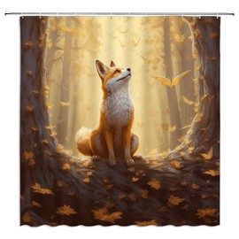 Fox Shower Curtain Autumn Forest Fall Maple Leaf Butterfly Watercolor Wild Animal Farmhouse Bathroom Decor Polyester Fabric Curtains with Hook 70Wx70H Inches