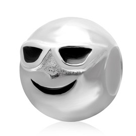 Beads R Us ® - Emoji Cool Sunglasses Face Charm/Bead in Genuine Solid Sterling Silver Hallmarked 925, Compatible with all European style Charm Bracelets and Necklaces.