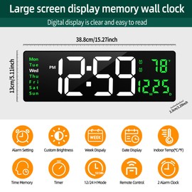 LEIKE 16" Large Digital Wall Clock Timer,Remote Control,2 Alarms, LED Display,Auto DST,Temperature Night Light Clock for Living Room,Bedroom,Desk,Mounted Decor(Black,White Green LED)