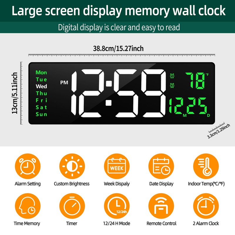 LEIKE 16" Large Digital Wall Clock Timer,Remote Control,2 Alarms, LED