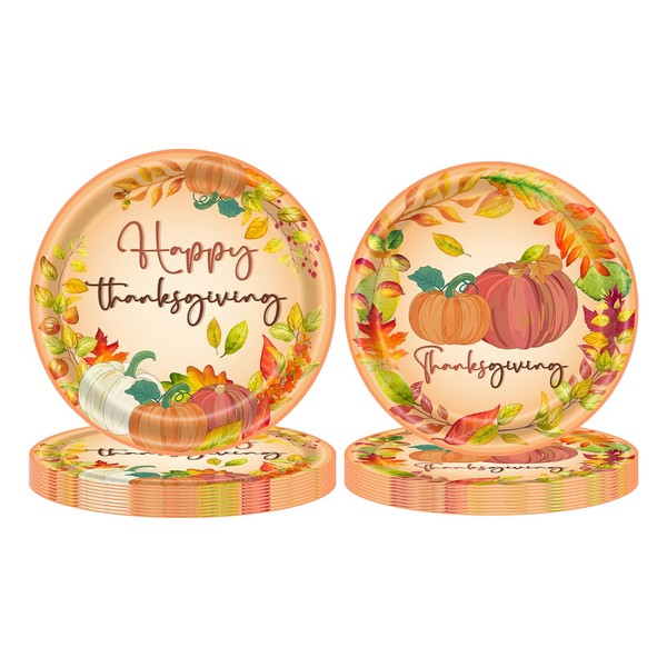 40 Pcs Thanksgiving Paper Plates Fall Pumpkin Maple Leaf Round