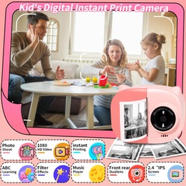 Instant Print Camera Toy for Kids, Girls Birthday Gifts for 3 4 5 6 7 8 Year Old Learning Music Story Player, 1080P HD Dual-Lens Creative Instant Camera (Pink)