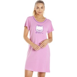 Camille 100% Cotton Short Sleeved Pug Dog or Cat Ladies Nightdress - Knee Length Nighties for Women for your Summer Womens Nightwear Lilac 12-14