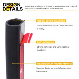 GoldWheel 3/8"×1/4" D-Shape Weather Stripping 25FT Heavy Duty Rubber Seal Weatherstrip(Self-Adhesive) Hollow with Bulb Door Gasket Strip for Automotive Truck RV Window Door Soundproofing