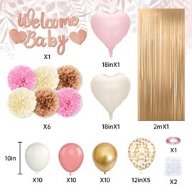 Dusty Pink Baby Shower Decorations for Girl,Welcome Baby Banner with Sand White Retro Pink Balloons Fringe Curtains Paper Pom Poms for Boho Baby Shower Gender Reveal Party Supplies