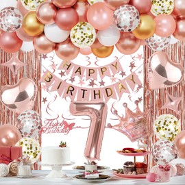 7th Rose Gold Birthday Party Decorations for Girls, Rose Gold Happy Birthday Banner, Fringe Curtains, Heart Foil Balloons, Crown Balloons for Girls' 7th Birthday Decorations